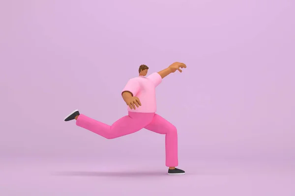 ピンクの服を着た黒人 彼は運動をしている 演技中の漫画のキャラクターの3Dイラストレーター — ストック写真