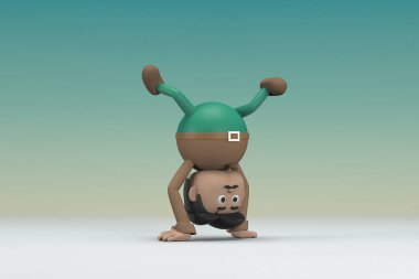 Kahverengi uzun gömlek ve yeşil pantolon giyen bıyıklı adam. Egzersiz yapıyor. Oyunculuktaki çizgi film karakterinin 3d çizimi.