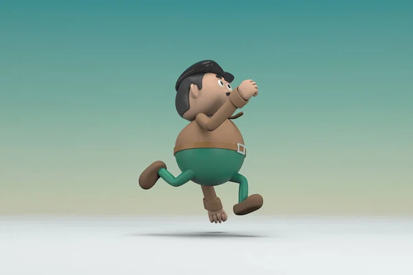 The man  with mustache wearing a brown long shirt green pants.  He is running. 3d illustrator of cartoon character in acting.