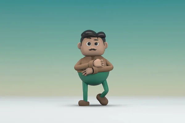 The man  with mustache wearing a brown long shirt green pants.  He is expression  of body and hand when talking.  3d illustrator of cartoon character in acting.