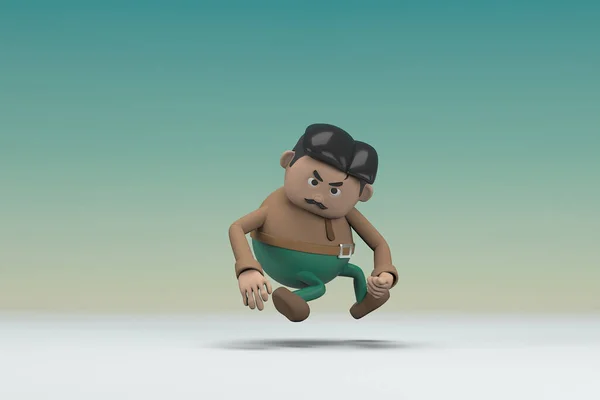 The man  with mustache wearing a brown long shirt green pants.  He is doing exercise. 3d illustrator of cartoon character in acting.