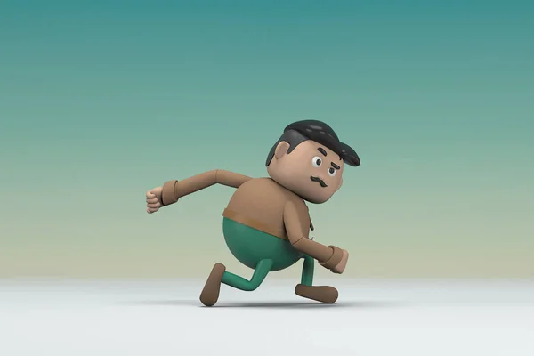 The man  with mustache wearing a brown long shirt green pants.  He is pulling or pushing something. 3d illustrator of cartoon character in acting.
