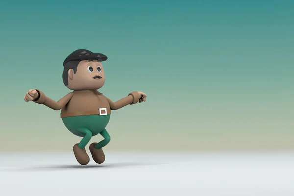 The man  with mustache wearing a brown long shirt green pants. He is jumping. 3d illustrator of cartoon character in acting.
