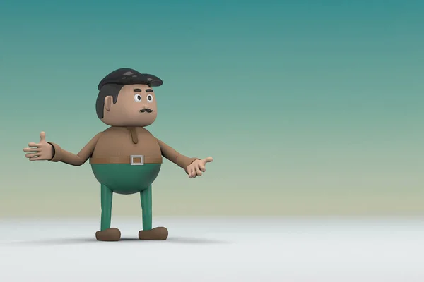The man  with mustache wearing a brown long shirt green pants.  He is expression  of body and hand when talking.  3d illustrator of cartoon character in acting.