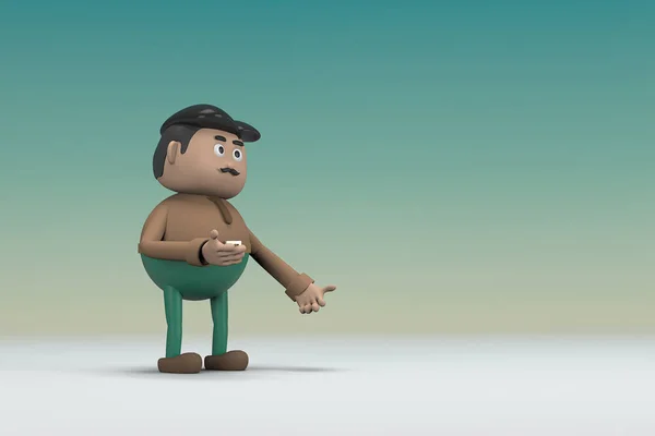 茶色の長いシャツの緑のパンツを着て口ひげを生やした男 彼は話すときに身体と手の表情です 演技中の漫画のキャラクターの3Dイラストレーター — ストック写真