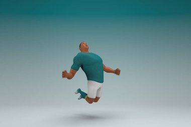 Yeşil gömlek ve beyaz pantolon giyen bir atlet atlıyor. Oyunculuktaki çizgi film karakterinin 3d canlandırması.