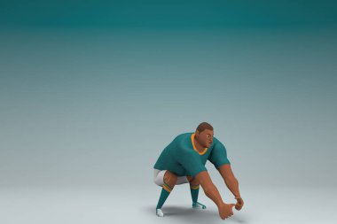 Yeşil gömlek ve beyaz pantolon giyen bir sporcu. Bir şey çekiyor ya da itiyor. Oyunculuktaki çizgi film karakterinin 3d canlandırması.