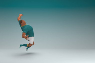 Yeşil gömlek ve beyaz pantolon giyen bir atlet atlıyor. Oyunculuktaki çizgi film karakterinin 3d canlandırması.