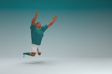 Yeşil gömlek ve beyaz pantolon giyen bir atlet atlıyor. Oyunculuktaki çizgi film karakterinin 3d canlandırması.