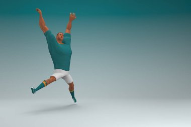 Yeşil gömlek ve beyaz pantolon giyen bir atlet atlıyor. Oyunculuktaki çizgi film karakterinin 3d canlandırması.