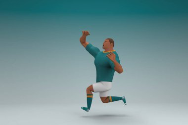 Yeşil gömlek ve beyaz pantolon giyen bir atlet koşuyor. Oyunculuktaki çizgi film karakterinin 3d canlandırması.