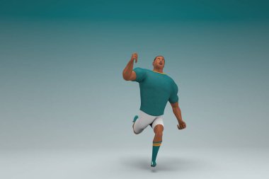 Yeşil gömlek ve beyaz pantolon giyen bir atlet koşuyor. Oyunculuktaki çizgi film karakterinin 3d canlandırması.