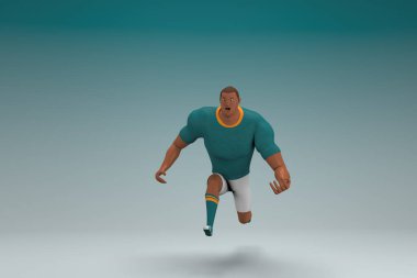 Yeşil gömlek ve beyaz pantolon giyen bir atlet koşuyor. Oyunculuktaki çizgi film karakterinin 3d canlandırması.