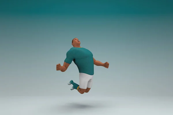 一名身穿绿色衬衫和白色裤子的运动员跳了起来 卡通人物在表演中的3D渲染 — 图库照片