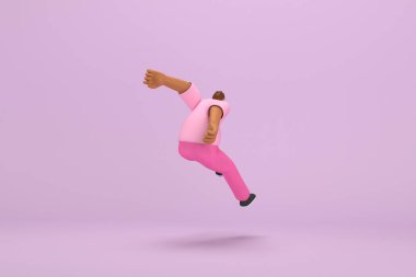 Pembe elbiseli siyah adam. Atlıyor. Oyunculuktaki çizgi film karakterinin 3d canlandırması.