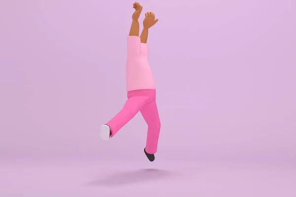 ピンクの服を着た黒人 彼はジャンプしている 演技における漫画のキャラクターの3Dレンダリング — ストック写真