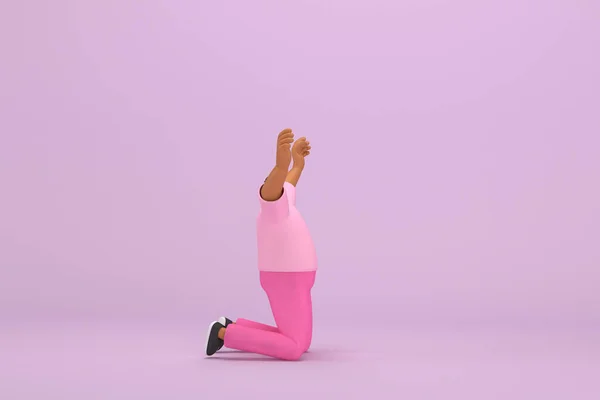Der Schwarze Mann Mit Pinkfarbener Kleidung Kniet Vor Freude Darstellung — Stockfoto