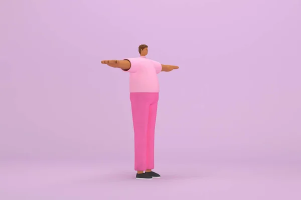 ピンクの服を着た黒人 彼は腕を伸ばして立っている 演技における漫画のキャラクターの3Dレンダリング — ストック写真