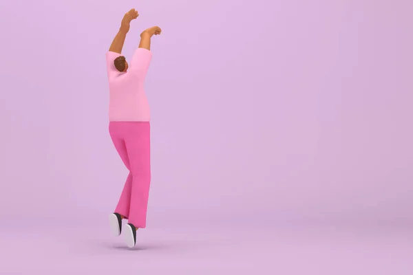 Чёрный Мужчина Розовой Одежде Прыгает Визуализация Персонажа Мультфильма Актерской Игре — стоковое фото
