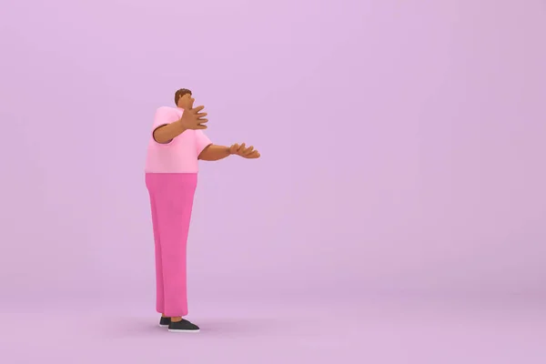 那个穿着粉色衣服的黑人他说话的时候是身体和手的表现 卡通人物在表演中的3D渲染 — 图库照片