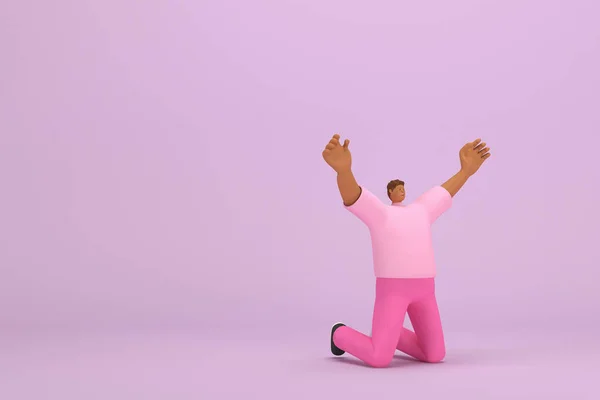 ピンクの服を着た黒人 彼は喜んで跪いている 演技における漫画のキャラクターの3Dレンダリング — ストック写真