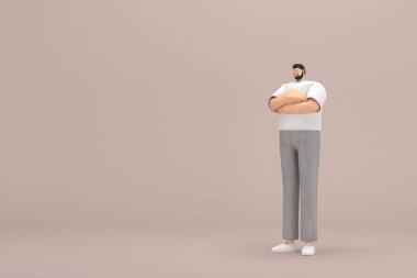 Gri kadife pantolon ve beyaz yakalı tişört giyen sakallı adam. O, konuşurken el ifadesidir. Oyunculuktaki çizgi film karakterinin 3d canlandırması.