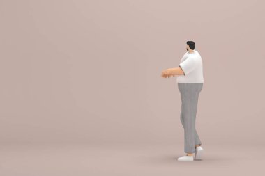 Gri kadife pantolon ve beyaz yakalı tişört giyen sakallı adam. O, konuşurken el ifadesidir. Oyunculuktaki çizgi film karakterinin 3d canlandırması.