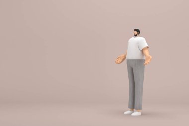 Gri kadife pantolon ve beyaz yakalı tişört giyen sakallı adam. O, konuşurken el ifadesidir. Oyunculuktaki çizgi film karakterinin 3d canlandırması.