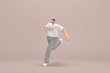 Gri kadife pantolon ve beyaz yakalı tişört giyen sakallı adam. O koşuyor. Oyunculuktaki çizgi film karakterinin 3d canlandırması.