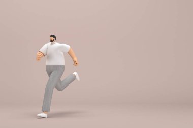Gri kadife pantolon ve beyaz yakalı tişört giyen sakallı adam. O koşuyor. Oyunculuktaki çizgi film karakterinin 3d canlandırması.