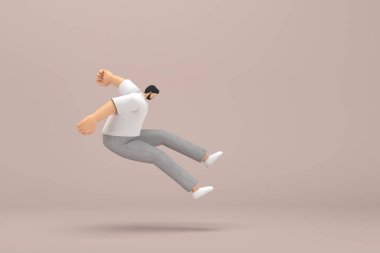 Gri kadife pantolon ve beyaz yakalı tişört giyen sakallı adam. Atlıyor. Oyunculuktaki çizgi film karakterinin 3d canlandırması.