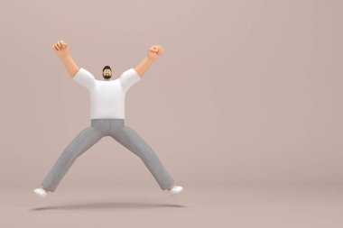 Gri kadife pantolon ve beyaz yakalı tişört giyen sakallı adam. Atlıyor. Oyunculuktaki çizgi film karakterinin 3d canlandırması.