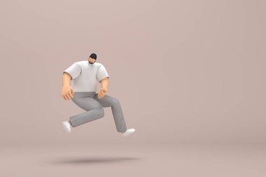 Gri kadife pantolon ve beyaz yakalı tişört giyen sakallı adam. Atlıyor. Oyunculuktaki çizgi film karakterinin 3d canlandırması.