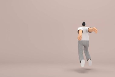 Gri kadife pantolon ve beyaz yakalı tişört giyen sakallı adam. Atlıyor. Oyunculuktaki çizgi film karakterinin 3d canlandırması.