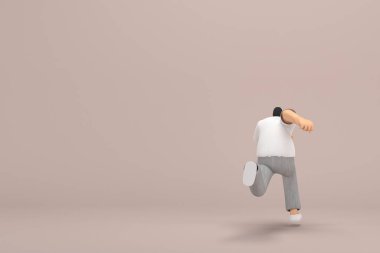 Gri kadife pantolon ve beyaz yakalı tişört giyen sakallı adam. O koşuyor. Oyunculuktaki çizgi film karakterinin 3d canlandırması.