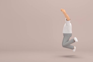 Gri kadife pantolon ve beyaz yakalı tişört giyen sakallı adam. Atlıyor. Oyunculuktaki çizgi film karakterinin 3d canlandırması.