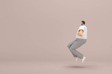 Gri kadife pantolon ve beyaz yakalı tişört giyen sakallı adam. Atlıyor. Oyunculuktaki çizgi film karakterinin 3d canlandırması.