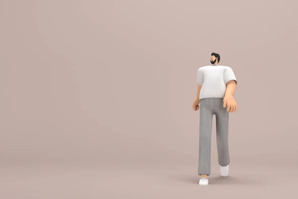 髭を生やした男はグレーのコーデュロイパンツと白い襟のTシャツを着ていた 彼は歩いている 演技における漫画のキャラクターの3Dレンダリング — ストック写真
