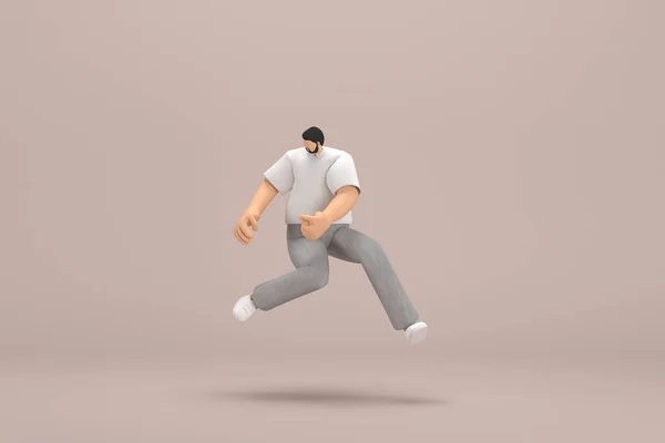 The man with beard wearinggray corduroy pants and white collar t-shirt.  He is jumping. 3d rendering of cartoon character in acting.