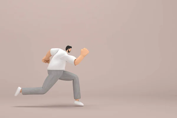 髭を生やした男はグレーのコーデュロイパンツと白い襟のTシャツを着ていた 彼は走っている 演技における漫画のキャラクターの3Dレンダリング — ストック写真