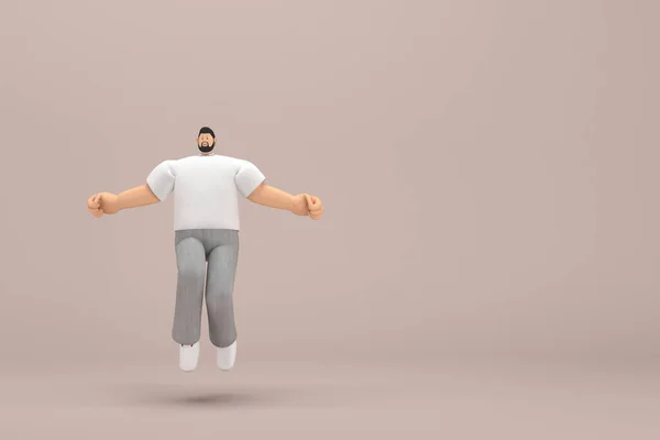 髭を生やした男はグレーのコーデュロイパンツと白い襟のTシャツを着ていた 彼はジャンプしている 演技における漫画のキャラクターの3Dレンダリング — ストック写真