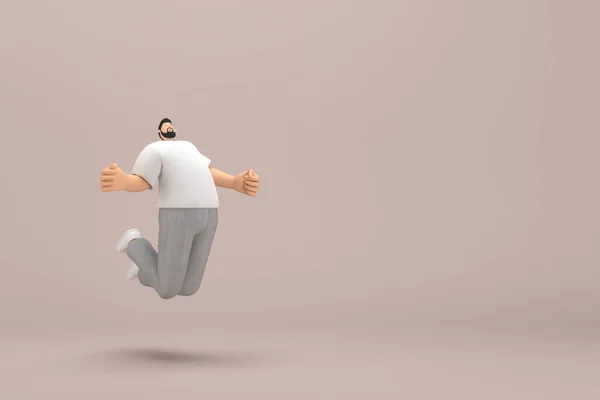 髭を生やした男はグレーのコーデュロイパンツと白い襟のTシャツを着ていた 彼はジャンプしている 演技における漫画のキャラクターの3Dレンダリング — ストック写真