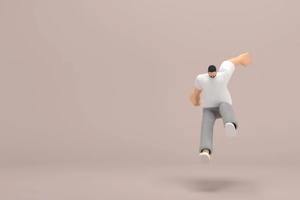 Gri Kadife Pantolon Beyaz Yakalı Tişört Giyen Sakallı Adam Atlıyor — Stok fotoğraf