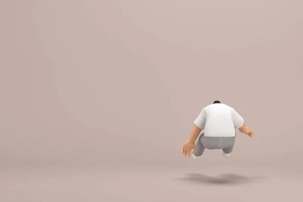 Мужчина Бородой Серых Вельветовых Штанах Футболке Белыми Воротничками Прыгает Визуализация — стоковое фото
