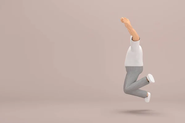 The man with beard wearinggray corduroy pants and white collar t-shirt.  He is jumping. 3d rendering of cartoon character in acting.