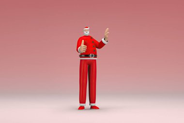 Noel Baba kostümü giyen bir adam. O, konuşurken el ifadesidir. Oyunculuktaki çizgi film karakterinin 3d canlandırması.