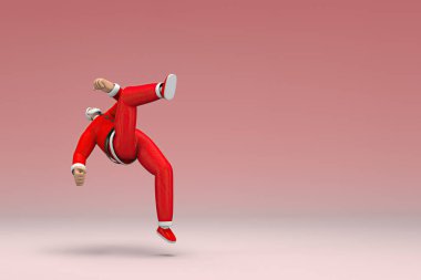 Noel Baba kostümü giyen bir adam. Düşüyor. Düşüyor. Oyunculuktaki çizgi film karakterinin 3d canlandırması.