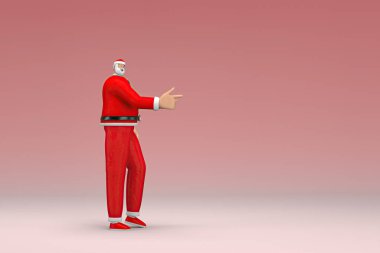 Noel Baba kostümü giyen bir adam. O, konuşurken el ifadesidir. Oyunculuktaki çizgi film karakterinin 3d canlandırması.