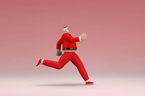 一个穿着圣诞老人服装的男人在跑步 卡通人物在表演中的3D渲染 — 图库照片
