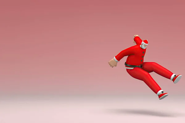 一个穿着圣诞老人服装的男人跳了起来 卡通人物在表演中的3D渲染 — 图库照片